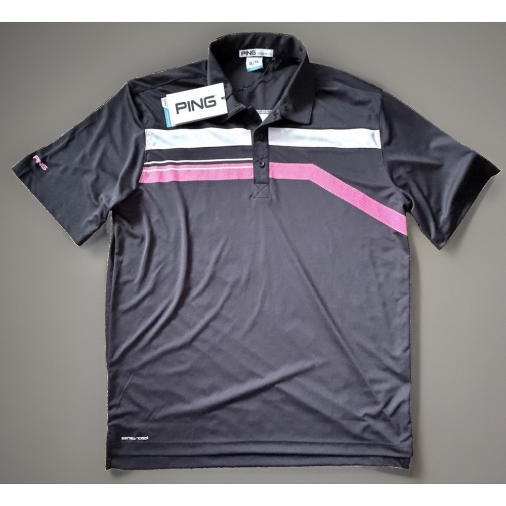 New Ping Golf Short Sleeve Polo Shirt Black Pink Striped Logo XL NWT JBHS